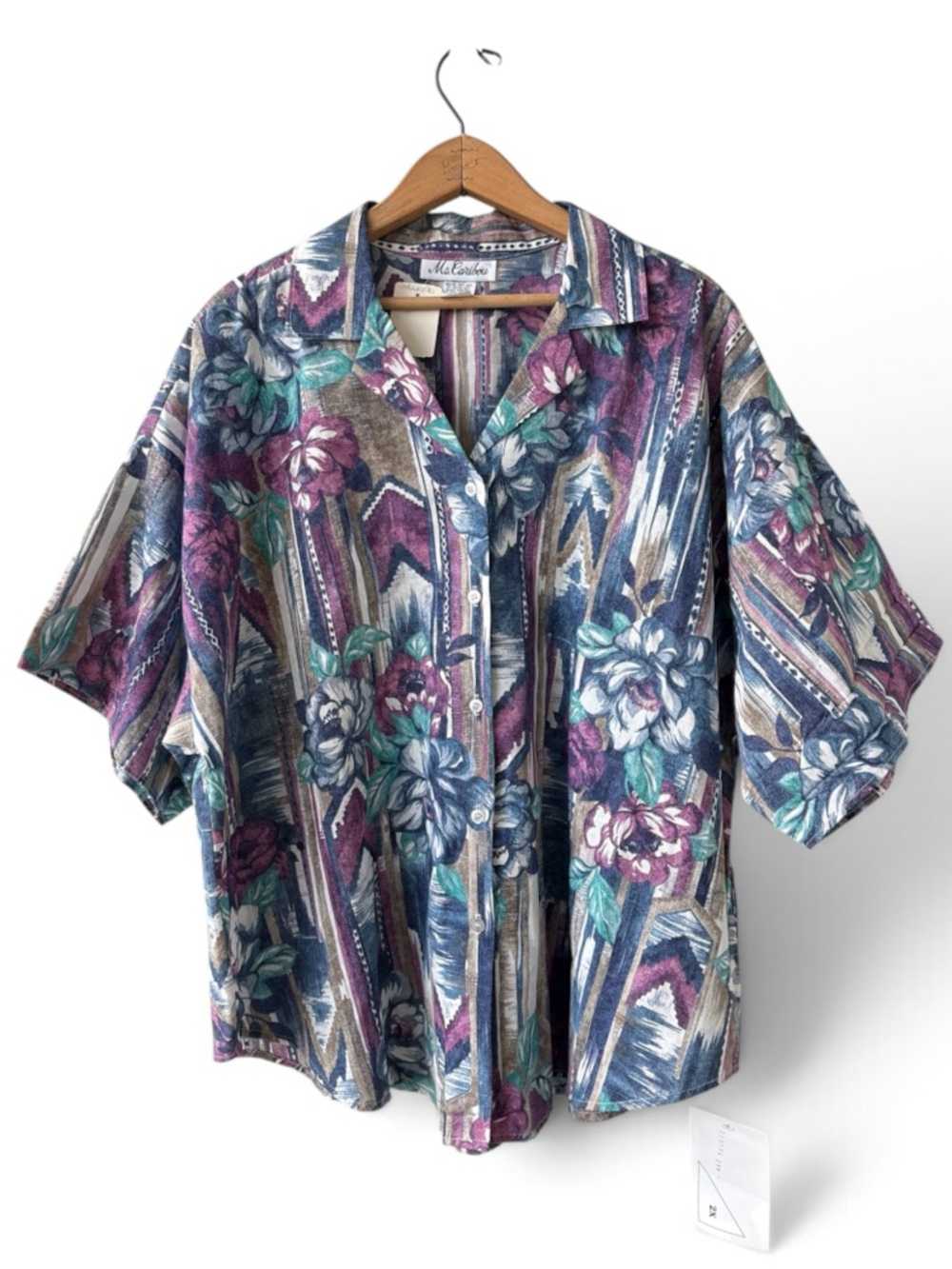 Vintage Ms. Caribou Floral Geometric Button Down Shirt Made USA 2X NWT